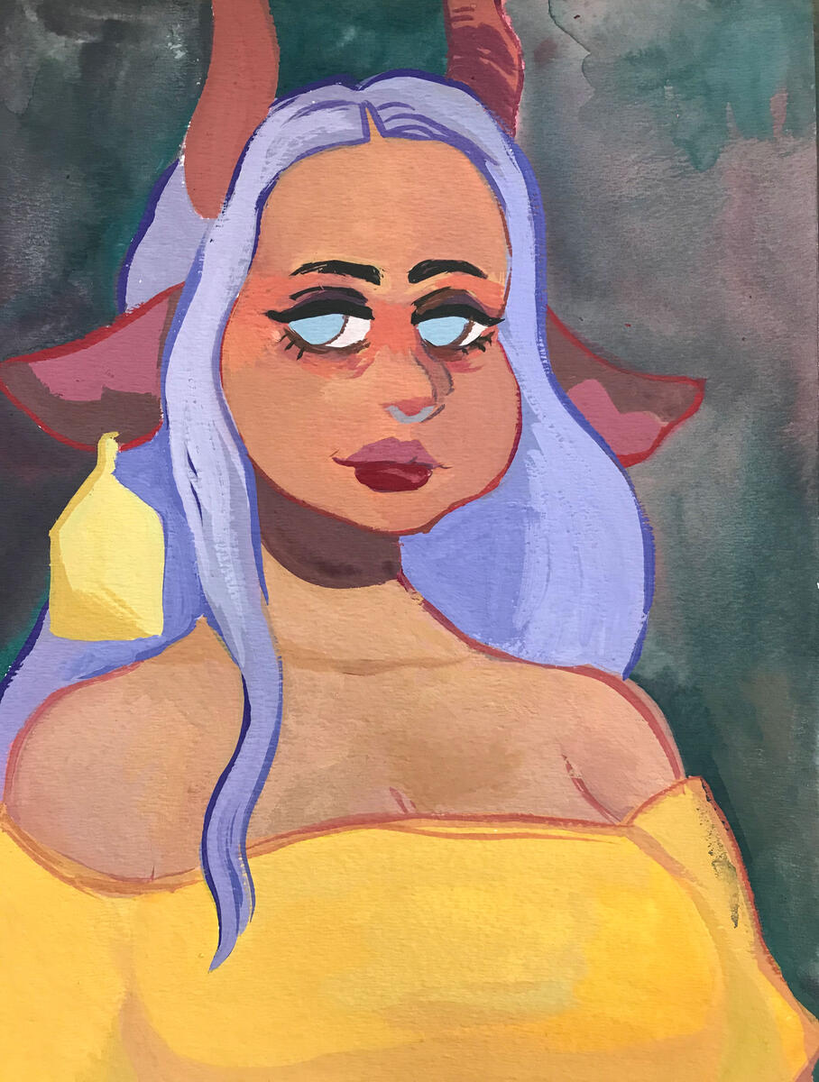 Portrait of Tomiko - gouache and watercolors, April 2021